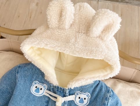 秋冬新作男の子長袖くま耳付きデニムロンパース