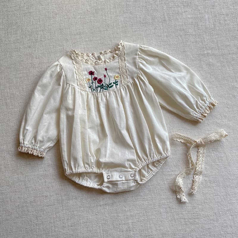 花柄刺繍 長袖ロンパース ベビー服 帽子付き