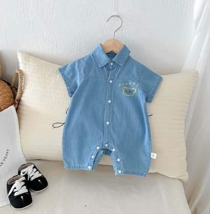 春夏新作男の子半袖ロンパース可愛いくまデニム風ベビー服
