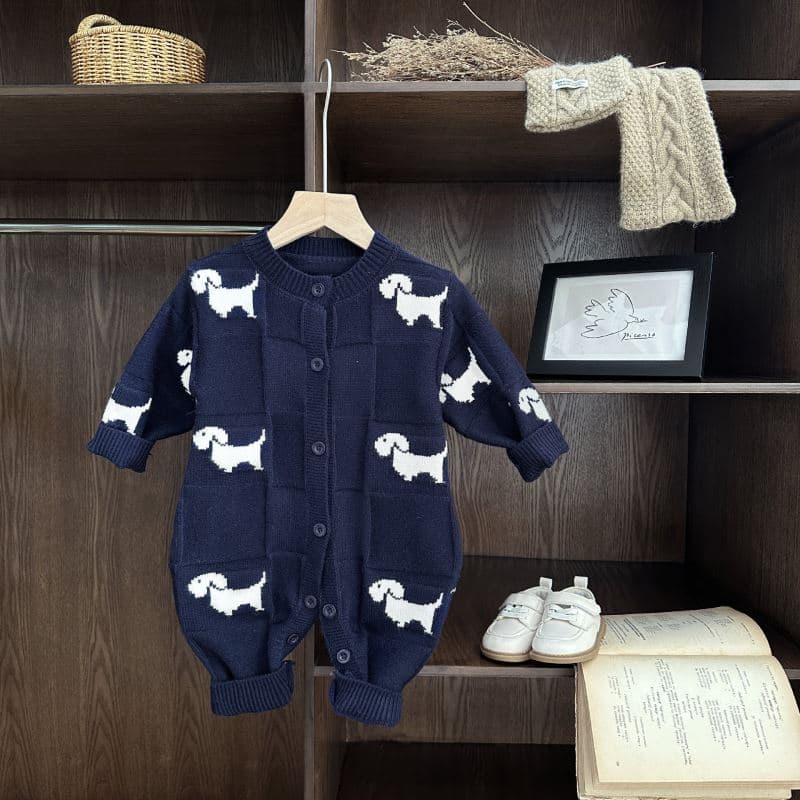 犬柄ニット長袖ロンパース 韓国風子供服 3色展開