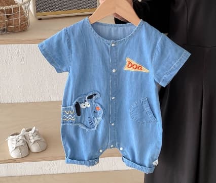 可愛い犬刺繍 半袖デニムロンパース 男女兼用