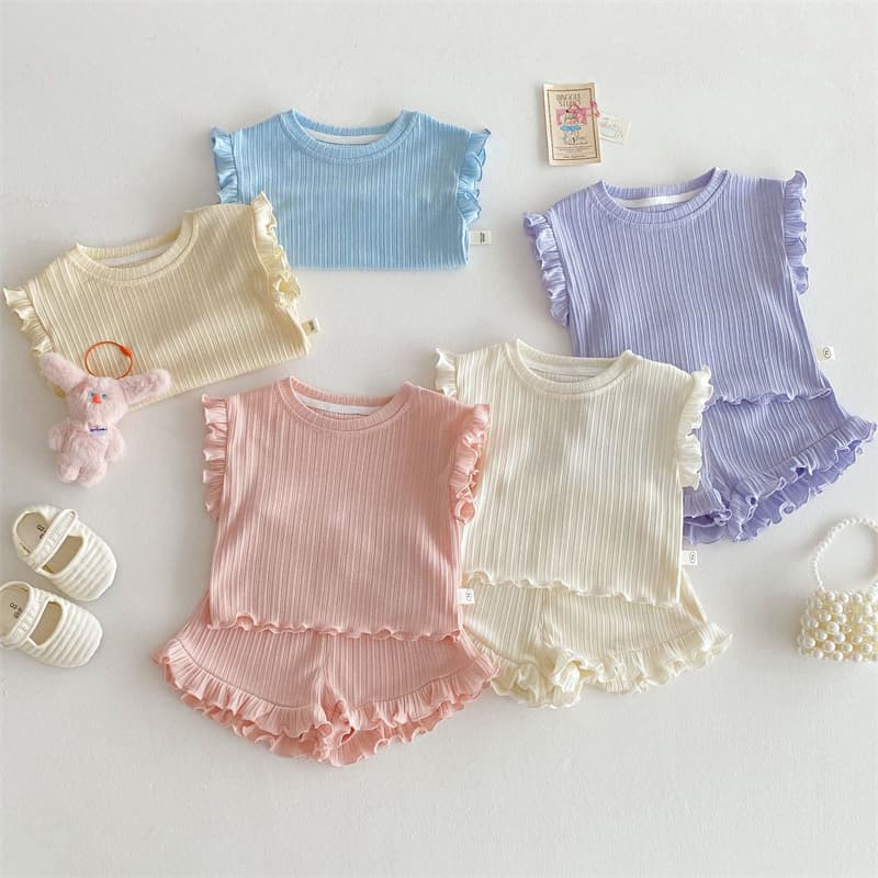 ロンパース 夏新作ベビー服フリルノースリーブセットアップ5色