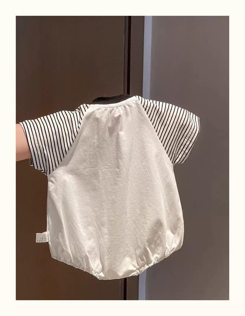 わんちゃん刺繍ストライプ袖ロンパース
